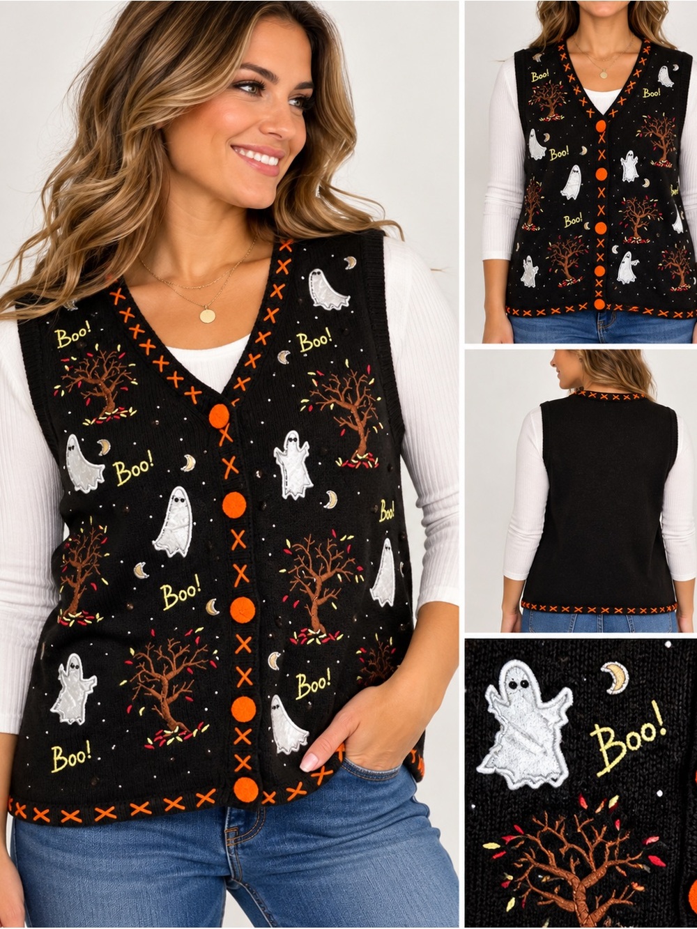 Basic Editions Halloween Sweater Vest Medium Ghost Boo Embroidered Black